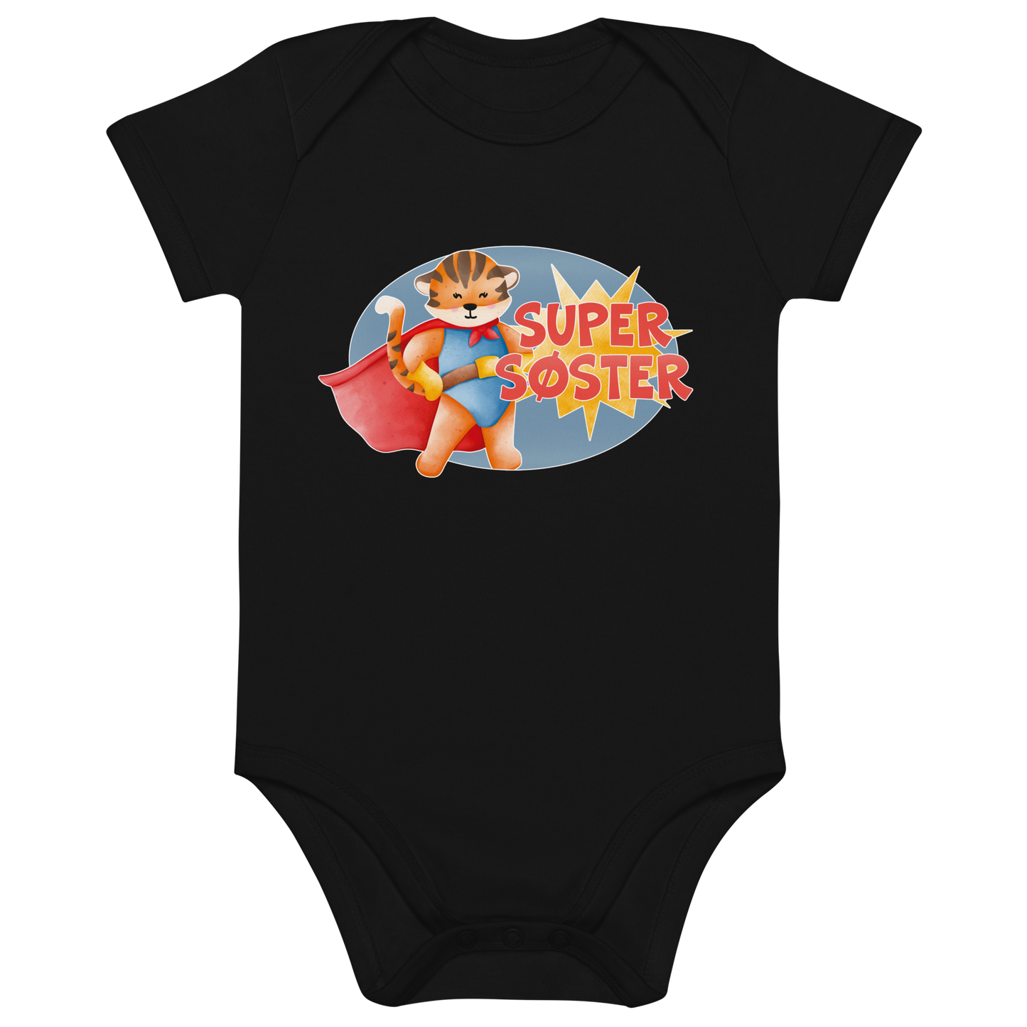 Svart babybody som ligger flatt, med teksten "Supersøster" og figur av en stolt tiger i superhelt-klær. Foto.