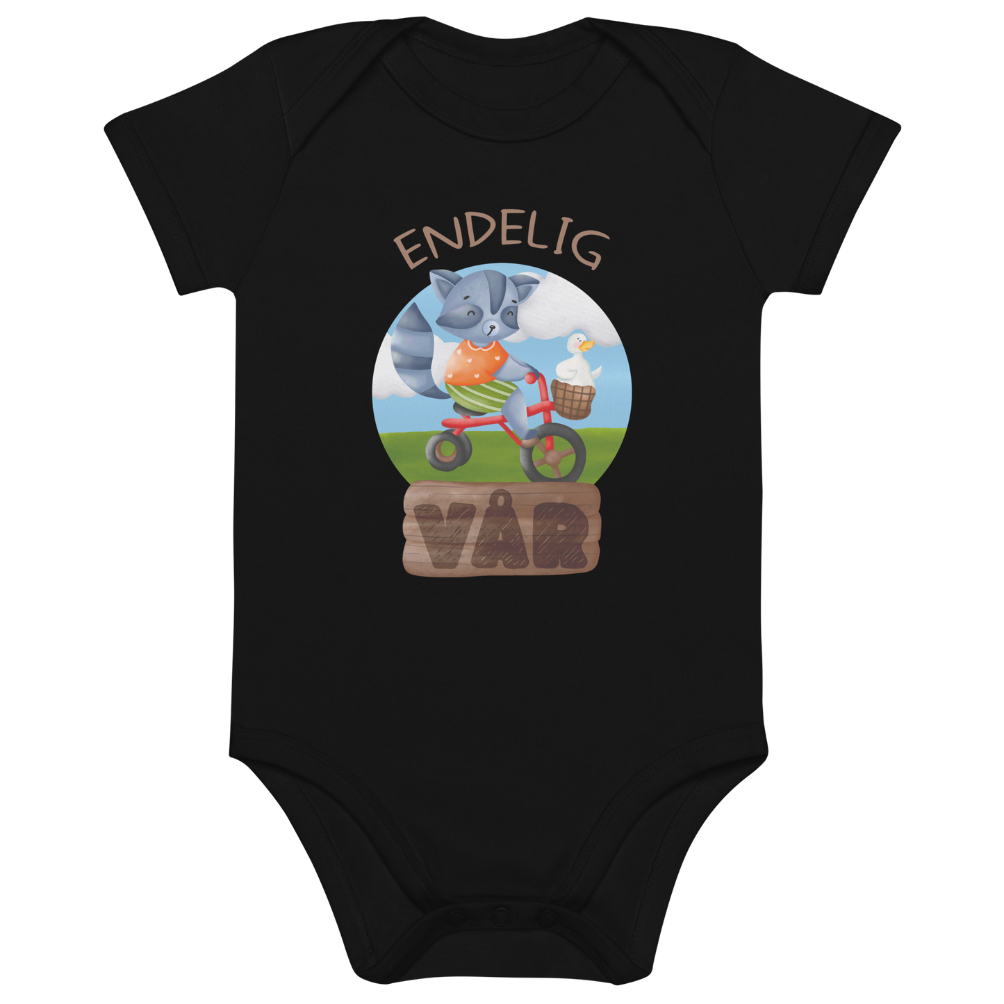 Svart babybody som ligger flatt, med teksten "Endelig vår" og figur av en glad vaskebjørn på sykkel med en fornøyd gås i kurven på styret. Foto.