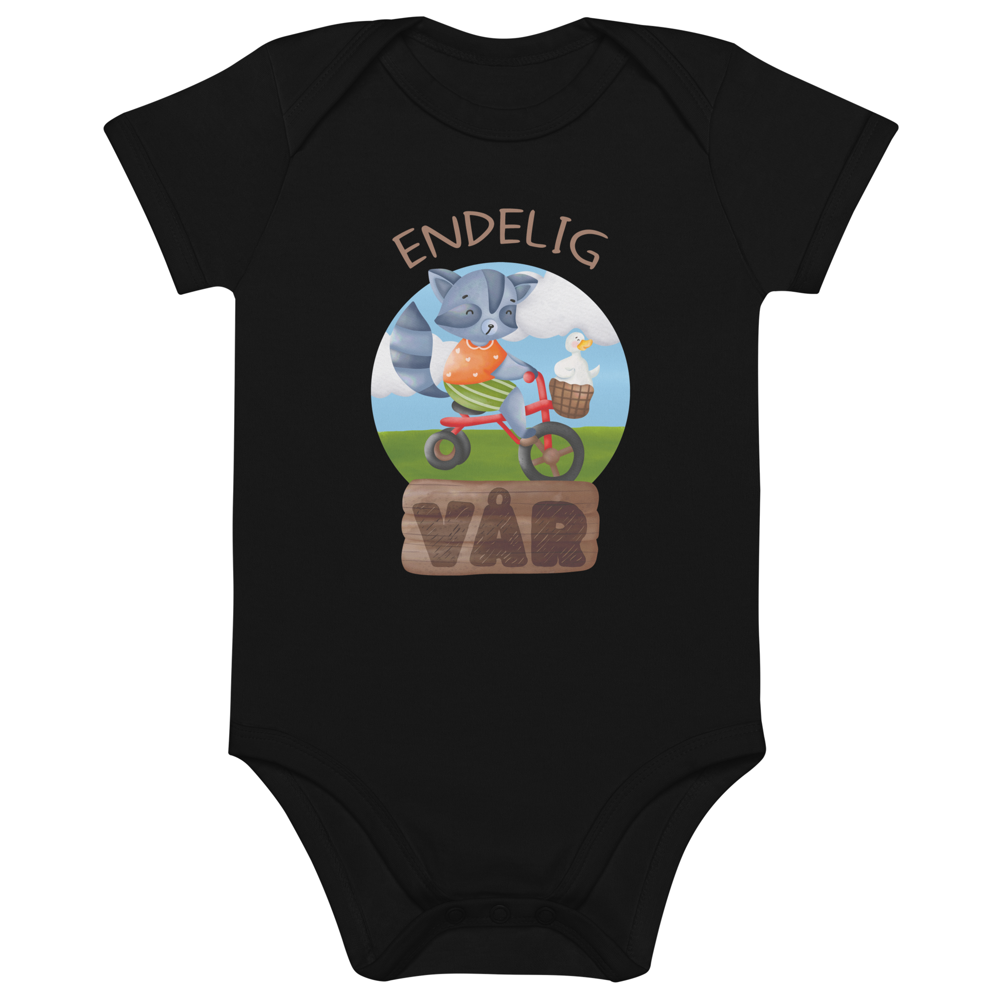 Svart babybody som ligger flatt, med teksten "Endelig vår" og figur av en glad vaskebjørn på sykkel med en fornøyd gås i kurven på styret. Foto.