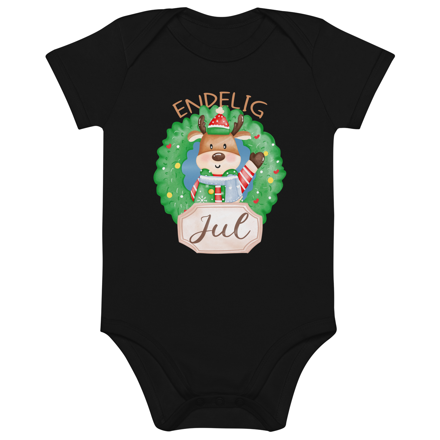 Svart babybody som ligger flatt, med teksten "Endelig jul" og figur av en søt elg i julete klær med en julekrans rundt seg. Foto.