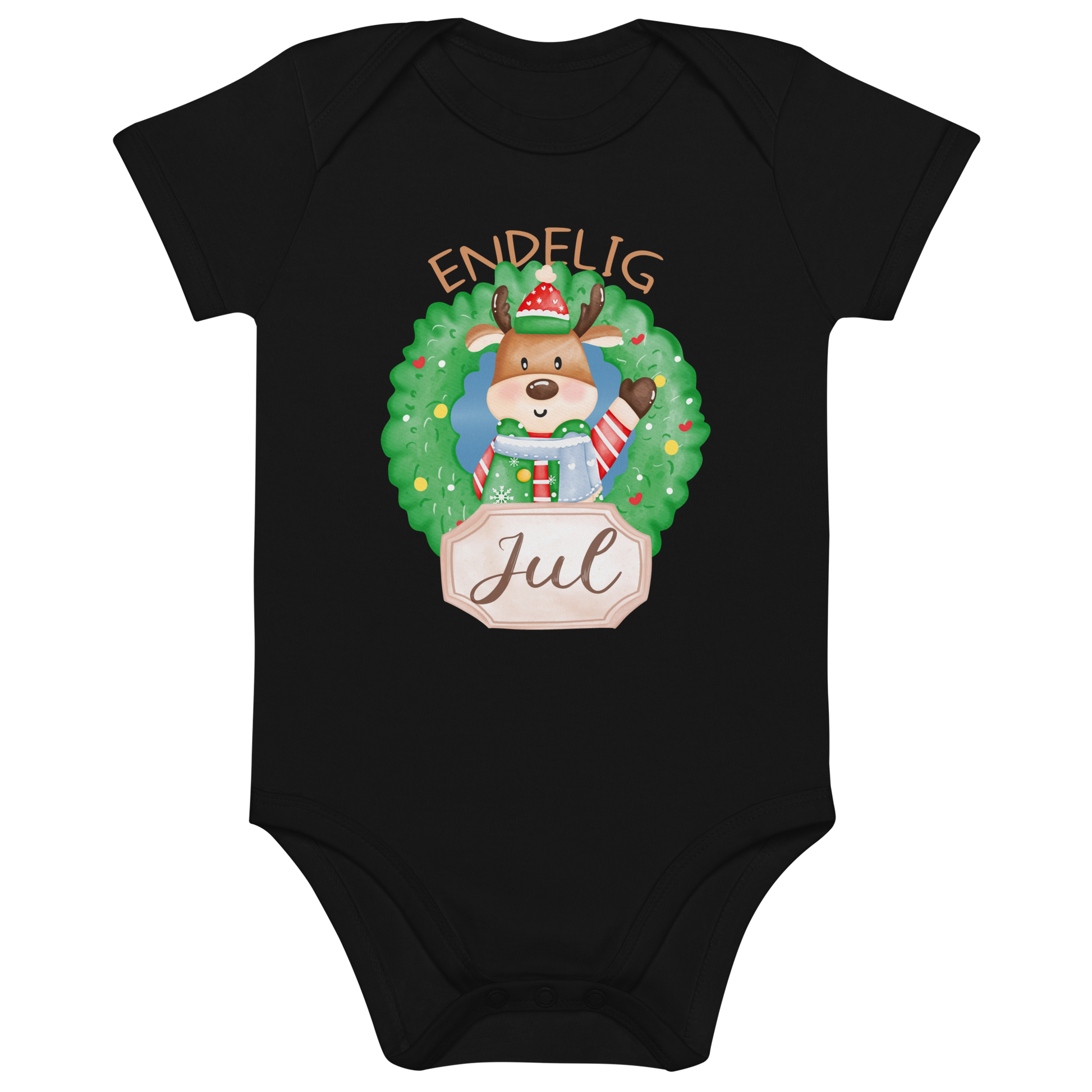 Svart babybody som ligger flatt, med teksten "Endelig jul" og figur av en søt elg i julete klær med en julekrans rundt seg. Foto.