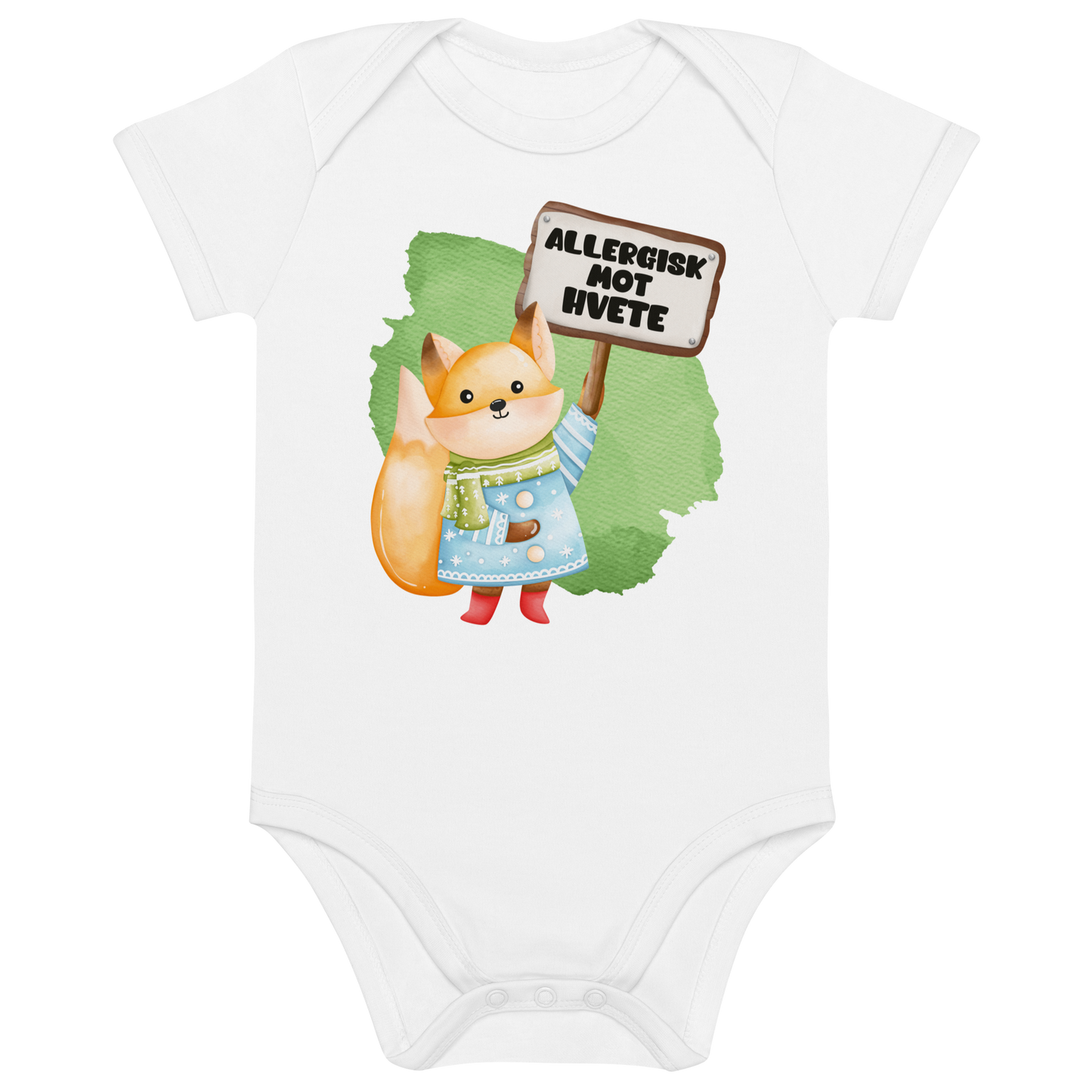 Hvit babybody som ligger flatt, med en glad rev som holder oppe et skilt med teksten "Allergisk mot hvete". Foto.