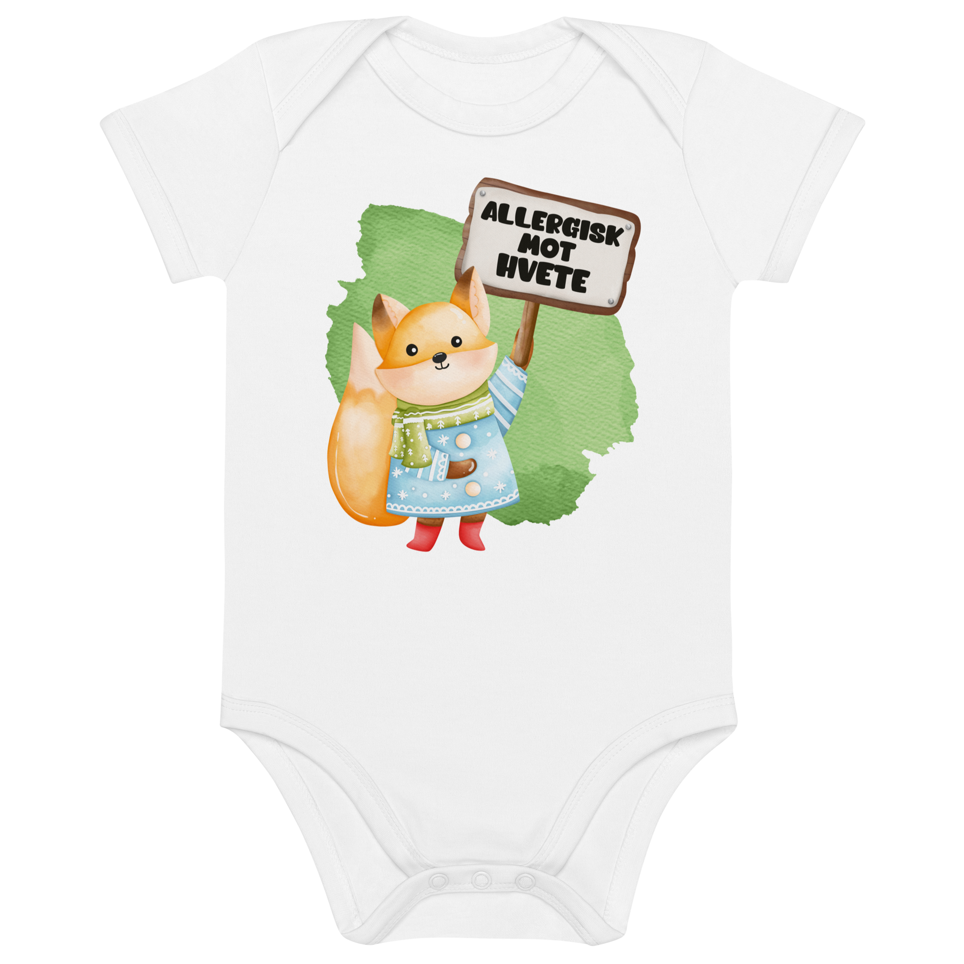 Hvit babybody som ligger flatt, med en glad rev som holder oppe et skilt med teksten "Allergisk mot hvete". Foto.