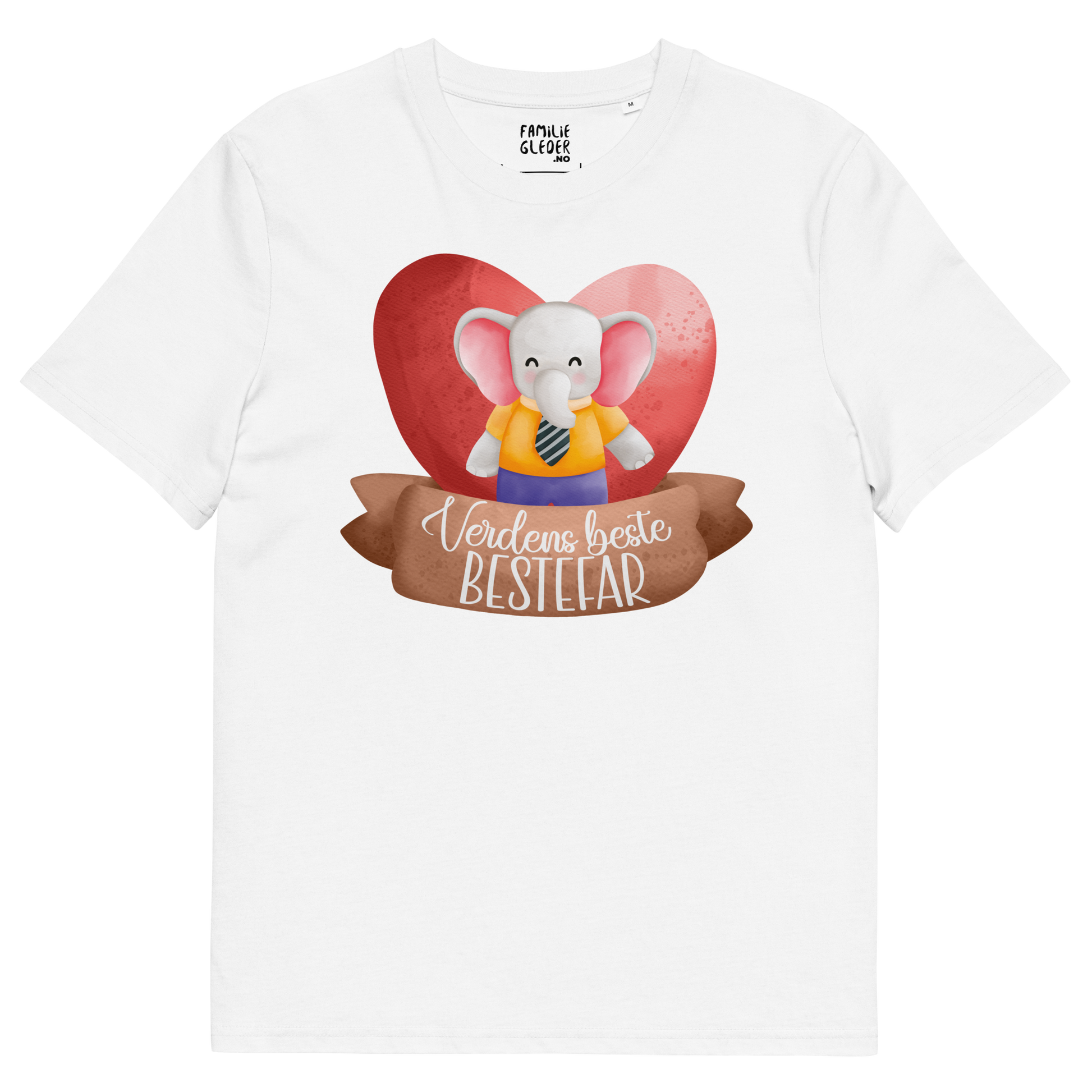 Hvit t-skjorte som ligger flatt, med teksten "Verdens beste bestefar" og en figur av en glad elefant med skjorte og slips som står foran et stort hjerte. Foto.
